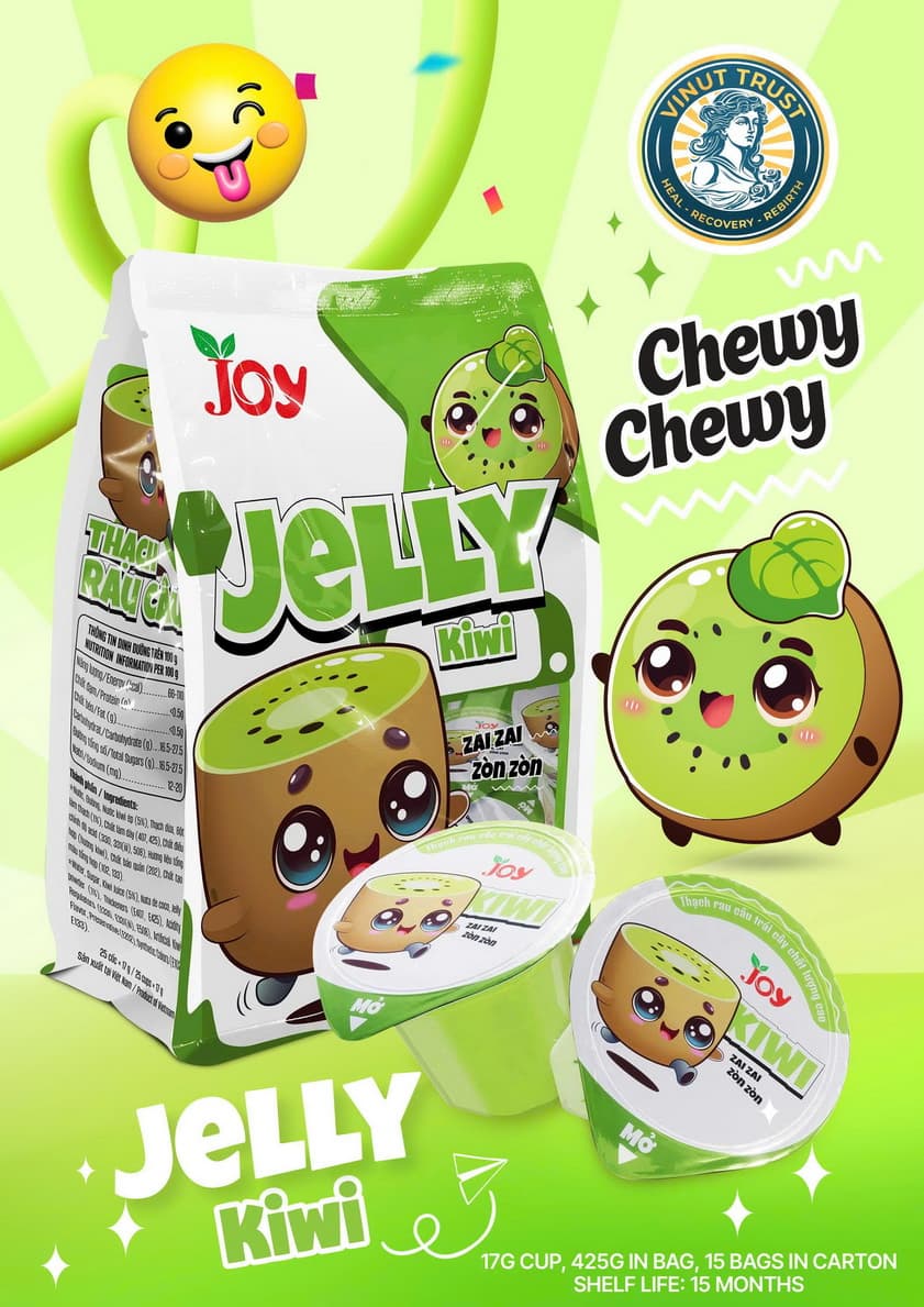 JOY Kiwi Jelly, Chewy Chewy, Zai Zai Zon Zòn, Bag (Contains 17g Cups), (425g)