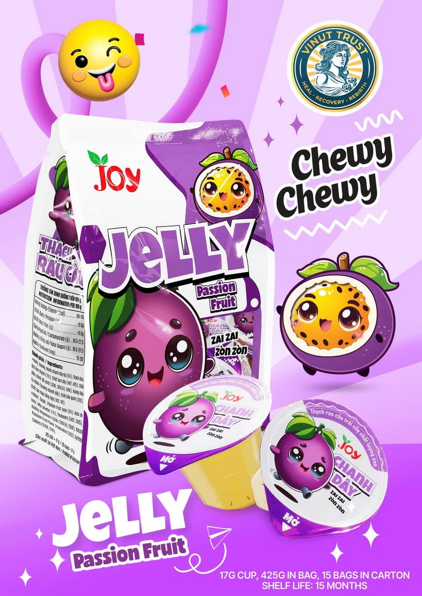 JOY Passion Fruit Jelly, Chewy Chewy, Zai Zai Zon Zòn, Bag (Contains 17g Cups), (425g)